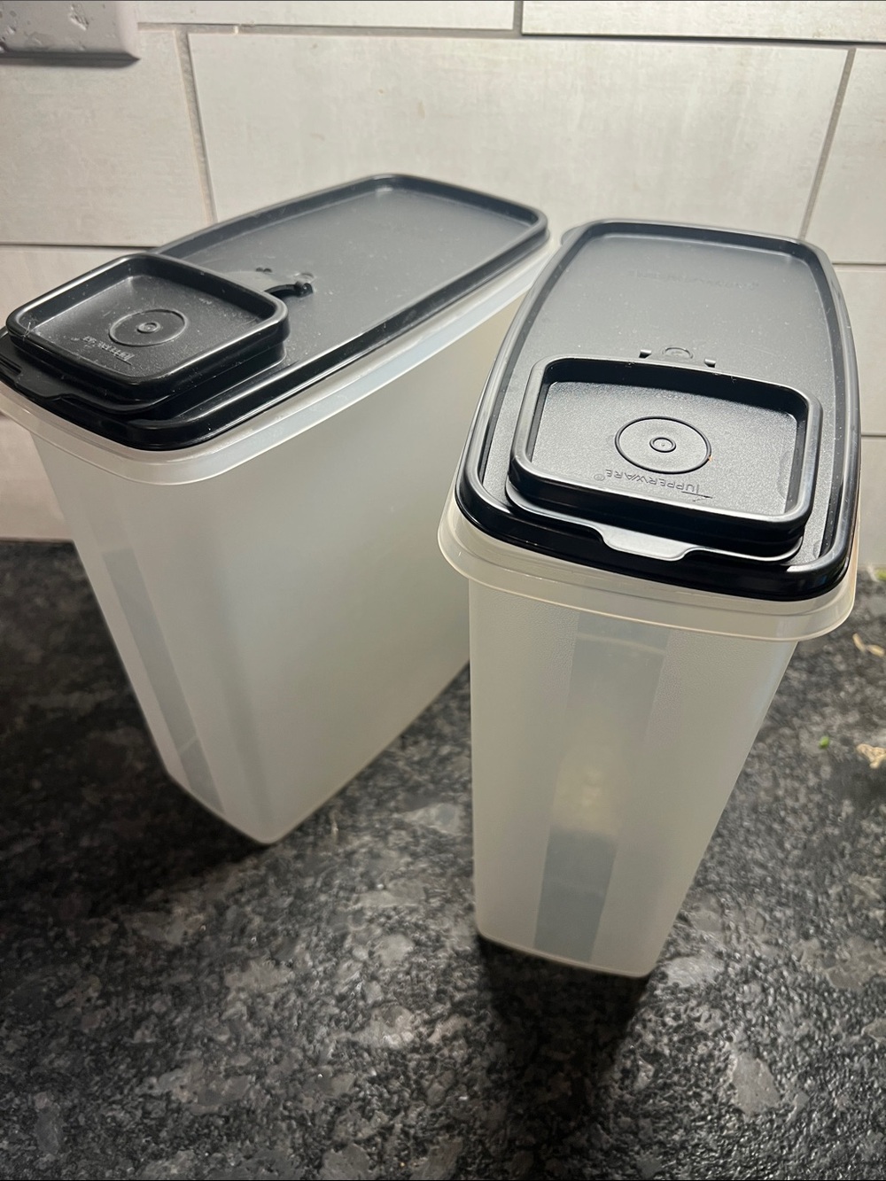 Set of 2 Tupperware Super Cereal Containers with pour spouts. Black lids.